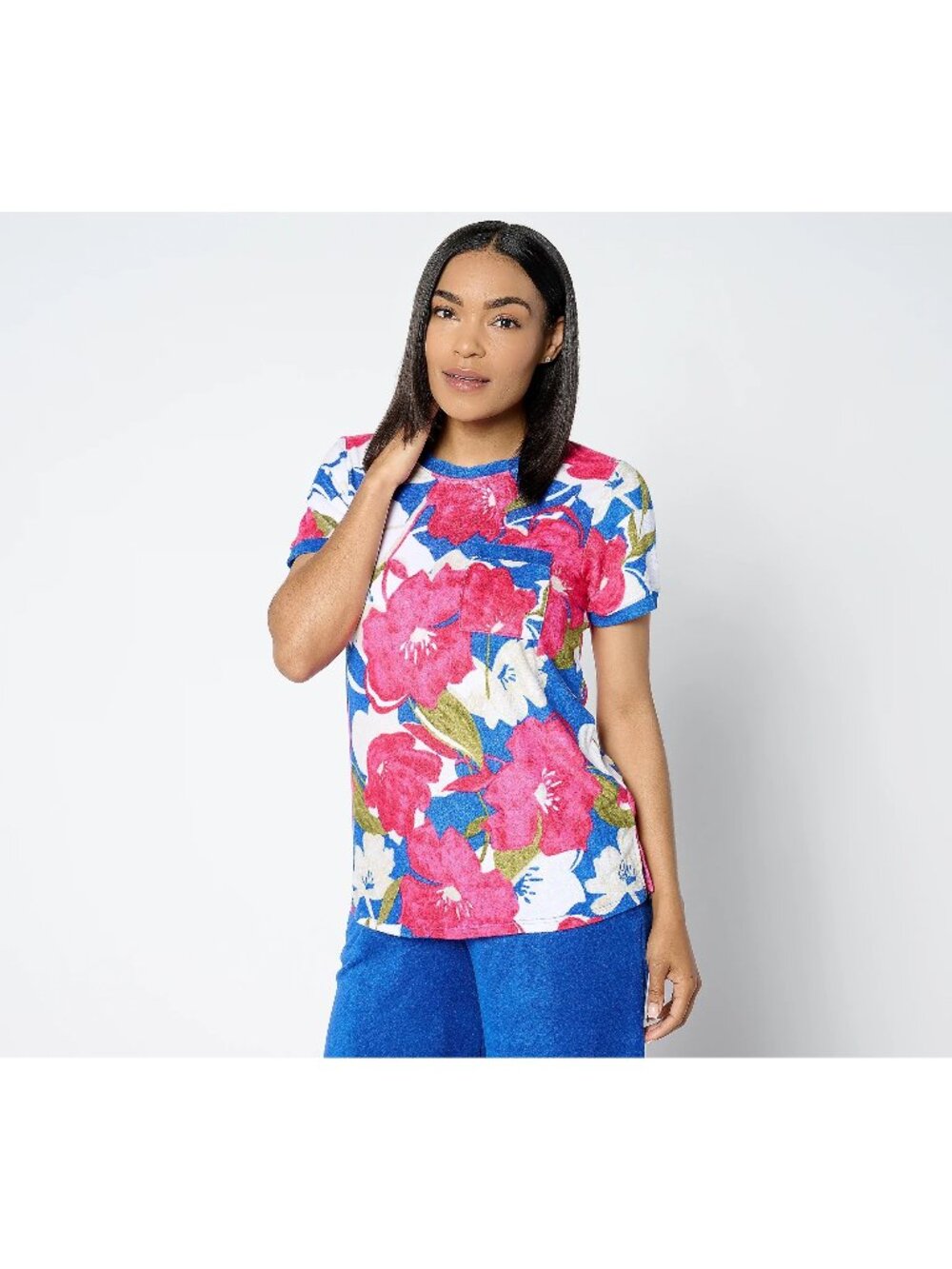 Cuddl Duds Tee Shirt Women Terry Short Sleeve Blue Watercolor Boho NEW